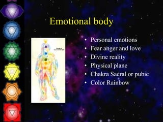 Emotional body Personal emotions Fear anger and love Divine reality Physical plane Chakra Sacral or pubic Color Rainbow 