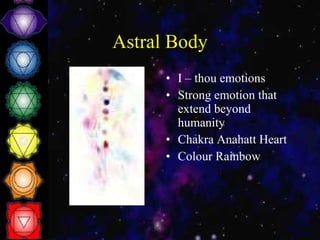 Astral Body I – thou emotions Strong emotion that extend beyond humanity Chakra Anahatt Heart Colour Rainbow 