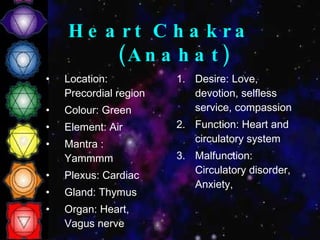 Heart Chakra (Anahat) Location: Precordial region Colour: Green Element: Air Mantra : Yammmm Plexus: Cardiac Gland: Thymus Organ: Heart, Vagus nerve Desire: Love, devotion, selfless service, compassion Function: Heart and circulatory system Malfunction: Circulatory disorder, Anxiety,  