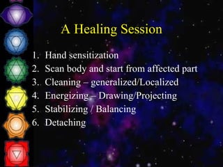 A Healing Session Hand sensitization Scan body and start from affected part Cleaning – generalized/Localized Energizing – Drawing/Projecting Stabilizing / Balancing Detaching  