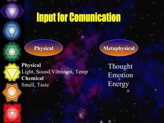 Physical Physical Light, Sound,Vibration, Temp Chemical Smell, Taste Input for Comunication Metaphysical Thought Emotion  Energy 