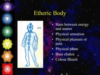 Etheric Body State between energy and matter Physical sensation Physical pleasure or pain Physical plane Base chakra Colour Bluish 