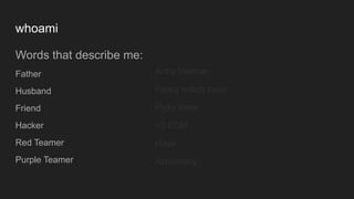 whoami
Words that describe me:
Father
Husband
Friend
Hacker
Red Teamer
Purple Teamer
Army Veteran
Fancy watch lover
Picky eater
<3 EDM
Hiker
Astronomy
 