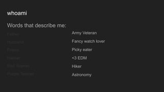 whoami
Words that describe me:
Father
Husband
Friend
Hacker
Red Teamer
Purple Teamer
Army Veteran
Fancy watch lover
Picky eater
<3 EDM
Hiker
Astronomy
 