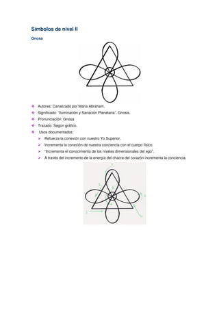 Símbolos de nivel II
Gnosa
Autores: Canalizado por Maria Abraham.
Significado: “Iluminación y Sanación Planetaria”. Gnosis.
Pronunciación: Gnosa
Trazado: Según gráfico.
Usos documentados:
Refuerza la conexión con nuestro Yo Superior.
Incrementa la conexión de nuestra conciencia con el cuerpo físico.
“Incrementa el conocimiento de los niveles dimensionales del ego”.
A través del incremento de la energía del chacra del corazón incrementa la conciencia.
 