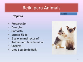 Reiki para Animais 
Tópicos 
• Preparação 
• Duração 
• Conforto 
• Espaço físico 
• E se o animal recusar? 
• Animais em fase terminal 
• Chakras 
• Uma Sessão de Reiki 
Tópicos 
3 
 