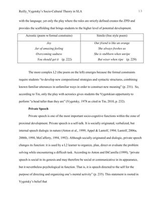 Reilly_Vygotsky’s Socio-Cultural Theory in SLA 13
with the language; yet only the play where the rules are strictly defined creates the ZPD and
provides the scaffolding that brings students to the higher level of potential development.
Acrostic (poem w/formal constrains) Simile (free style poem)
Joy
Jar of amazing feeling
Overcoming sadness
You should get it (p. 222)
Our friend is like an orange
She always freshes us
She is stubborn when unripe
But wiser when ripe (p. 229)
The more complex L2 (the poem on the left) emerges because the formal constraints
require students “to develop new compositional strategies and syntactic structures, combining
known familiar utterances in unfamiliar ways in order to construct new meaning” (p. 231). So,
according to Tin, only the play with acrostics gives students the Vygotskian opportunity to
perform “a head taller than they are” (Vygotsky, 1978 as cited in Tin, 2010, p. 232).
Private Speech
Private speech is one of the most important socio-cognitive functions within the zone of
proximal development. Private speech is a self-talk. It is socially originated, verbalized, but
internal speech dialogic in nature (Anton et al., 1999; Appel & Lantolf, 1994; Lantolf, 2006a,
2006b, 1994; McCafferty, 1994, 1992). Although socially originated and dialogic, private speech
changes its function: it is used by a L2 learner to organize, plan, direct or evaluate the problem
solving while encountering a difficult task. According to Anton and DiCamilla (1999), “private
speech is social in its genesis and may therefore be social or communicative in its appearance,
but it nevertheless psychological in function. That is, it is speech directed to the self for the
purpose of directing and organizing one’s mental activity” (p. 235). This statement is rooted in
Vygotsky’s belief that
 