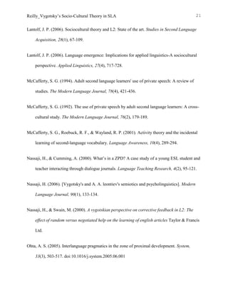 Reilly_Vygotsky’s Socio-Cultural Theory in SLA 21
Lantolf, J. P. (2006). Sociocultural theory and L2: State of the art. Studies in Second Language
Acquisition, 28(1), 67-109.
Lantolf, J. P. (2006). Language emergence: Implications for applied linguistics-A sociocultural
perspective. Applied Linguistics, 27(4), 717-728.
McCafferty, S. G. (1994). Adult second language learners' use of private speech: A review of
studies. The Modern Language Journal, 78(4), 421-436.
McCafferty, S. G. (1992). The use of private speech by adult second language learners: A cross-
cultural study. The Modern Language Journal, 76(2), 179-189.
McCafferty, S. G., Roebuck, R. F., & Wayland, R. P. (2001). Activity theory and the incidental
learning of second-language vocabulary. Language Awareness, 10(4), 289-294.
Nassaji, H., & Cumming, A. (2000). What’s in a ZPD? A case study of a young ESL student and
teacher interacting through dialogue journals. Language Teaching Research, 4(2), 95-121.
Nassaji, H. (2006). [Vygotsky's and A. A. leontiev's semiotics and psycholinguistics]. Modern
Language Journal, 90(1), 133-134.
Nassaji, H., & Swain, M. (2000). A vygotskian perspective on corrective feedback in L2: The
effect of random versus negotiated help on the learning of english articles Taylor & Francis
Ltd.
Ohta, A. S. (2005). Interlanguage pragmatics in the zone of proximal development. System,
33(3), 503-517. doi:10.1016/j.system.2005.06.001
 
