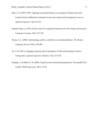 Reilly_Vygotsky’s Socio-Cultural Theory in SLA 22
Ohta, A. S. (1995; 1995). Applying sociocultural theory to an analysis of learner discourse:
Learner-learner collaborative interaction in the zone of proximal development. Issues in
Applied Linguistics, 6(2), 93-121.
Schinke-Llano, L. (1993). On the value of a vygotskian framework for SLA theory and research.
Language Learning, 43(1), 121-129.
Thorne, S. L. (2005). Epistemology, politics, and ethics in sociocultural theory. The Modern
Language Journal, 89(3), 393-409.
Tin, T. B. (2011). Language creativity and co-emergence of form and meaning in creative
writing tasks. Applied Linguistics (Oxford), 32(2), 215-235.
Zuengler, J., & Miller, E. R. (2006). Cognitive and sociocultural perspectives: Two parallel SLA
worlds? TESOL Quarterly, 40(1), 35-58.
 