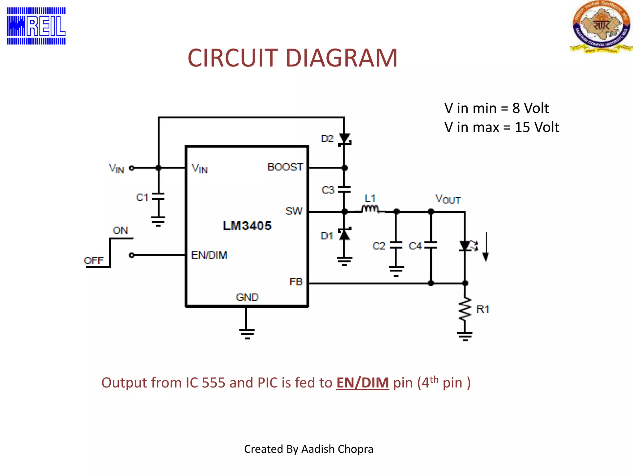 CIRCUIT DIAGRAM 
Output from IC 555 and PIC is fed to EN/DIM pin (4th pin ) 
Created By Aadish Chopra 
V in min = 8 Volt 
V in max = 15 Volt 
 