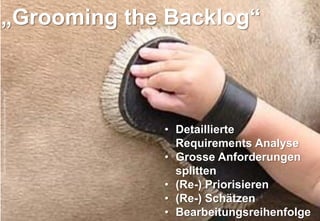 „Grooming the Backlog“
Quelle: http://www.pfoten-und-co.de/fotos/pflegePferd.jpg




                                                                   • Detaillierte
                                                                     Requirements Analyse
                                                                   • Grosse Anforderungen
                                                                     splitten
                                                                   • (Re-) Priorisieren
                                                                   • (Re-) Schätzen
                                                            -17-
                                                                   • Bearbeitungsreihenfolge
                                                                                           LAS Zürich
                                                                                       September 2012
 