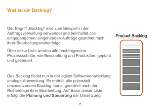 Was ist ein Backlog?



Der Begriff „Backlog“ wird zum Beispiel in der
Auftragsverwaltung verwendet und beinhaltet alle
                                                           Product Backlog
eingegangenen/ eingehenden Aufträge geordnet nach
ihrer Bearbeitungsreihenfolge.
Über diese Liste werden alle nachfolgenden
Prozessschritte, wie Beschaffung und Produktion, geplant
und gesteuert.


Das Backlog findet nun in der agilen Softwareentwicklung
analoge Anwendung. Es enthält alle potenziell
umzusetzenden Backlog Items, geordnet nach der
Reihenfolge ihrer Bearbeitung. Auf Basis dieser Liste
erfolgt die Planung und Steuerung der Umsetzung.
                                      -29-
 