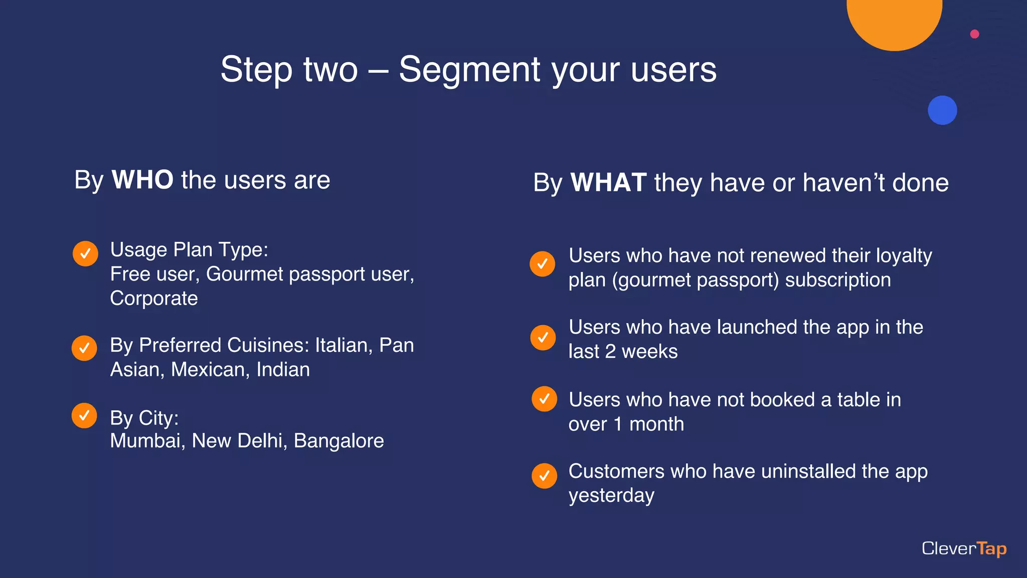 Step two – Segment your users
By WHO the users are
Usage Plan Type:
Free user, Gourmet passport user,
Corporate
By Preferred Cuisines: Italian, Pan
Asian, Mexican, Indian
By City:
Mumbai, New Delhi, Bangalore
By WHAT they have or haven’t done
Users who have not renewed their loyalty
plan (gourmet passport) subscription
Users who have launched the app in the
last 2 weeks
Users who have not booked a table in
over 1 month
Customers who have uninstalled the app
yesterday
 