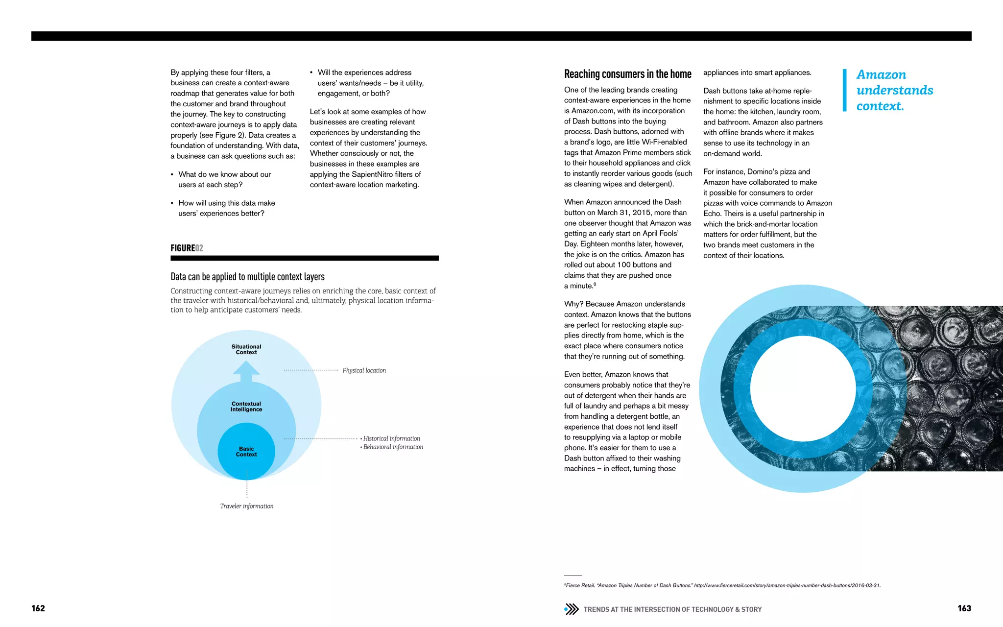TRENDS AT THE INTERSECTION OF TECHNOLOGY & STORY162 163
8
Fierce Retail. “Amazon Triples Number of Dash Buttons.” http://www.fierceretail.com/story/amazon-triples-number-dash-buttons/2016-03-31.
By applying these four filters, a
business can create a context-aware
roadmap that generates value for both
the customer and brand throughout
the journey. The key to constructing
context-aware journeys is to apply data
properly (see Figure 2). Data creates a
foundation of understanding. With data,
a business can ask questions such as:
What do we know about our
users at each step?
How will using this data make
users’ experiences better?
Data can be applied to multiple context layers
Constructing context-aware journeys relies on enriching the core, basic context of
the traveler with historical/behavioral and, ultimately, physical location informa-
tion to help anticipate customers’ needs.
FIGURE02
Reachingconsumersinthehome
One of the leading brands creating
context-aware experiences in the home
is Amazon.com, with its incorporation
of Dash buttons into the buying
process. Dash buttons, adorned with
a brand’s logo, are little Wi-Fi-enabled
tags that Amazon Prime members stick
to their household appliances and click
to instantly reorder various goods (such
as cleaning wipes and detergent).
When Amazon announced the Dash
button on March 31, 2015, more than
one observer thought that Amazon was
getting an early start on April Fools’
Day. Eighteen months later, however,
the joke is on the critics. Amazon has
rolled out about 100 buttons and
claims that they are pushed once
a minute.8
Why? Because Amazon understands
context. Amazon knows that the buttons
are perfect for restocking staple sup-
plies directly from home, which is the
exact place where consumers notice
that they’re running out of something.
Even better, Amazon knows that
consumers probably notice that they’re
out of detergent when their hands are
full of laundry and perhaps a bit messy
from handling a detergent bottle, an
experience that does not lend itself
to resupplying via a laptop or mobile
phone. It’s easier for them to use a
Dash button affixed to their washing
machines – in effect, turning those
Situational
Context
Contextual
Intelligence
Basic
Context
Physical location
• Historical information
• Behavioral information
Traveler information
Amazon
understands
context.
•
•
• appliances into smart appliances.
Dash buttons take at-home reple-
nishment to specific locations inside
the home: the kitchen, laundry room,
and bathroom. Amazon also partners
with offline brands where it makes
sense to use its technology in an
on-demand world.
For instance, Domino’s pizza and
Amazon have collaborated to make
it possible for consumers to order
pizzas with voice commands to Amazon
Echo. Theirs is a useful partnership in
which the brick-and-mortar location
matters for order fulfillment, but the
two brands meet customers in the
context of their locations.
Will the experiences address
users’ wants/needs – be it utility,
engagement, or both?
Let's look at some examples of how
businesses are creating relevant
experiences by understanding the
context of their customers’ journeys.
Whether consciously or not, the
businesses in these examples are
applying the SapientNitro filters of
context-aware location marketing.
 