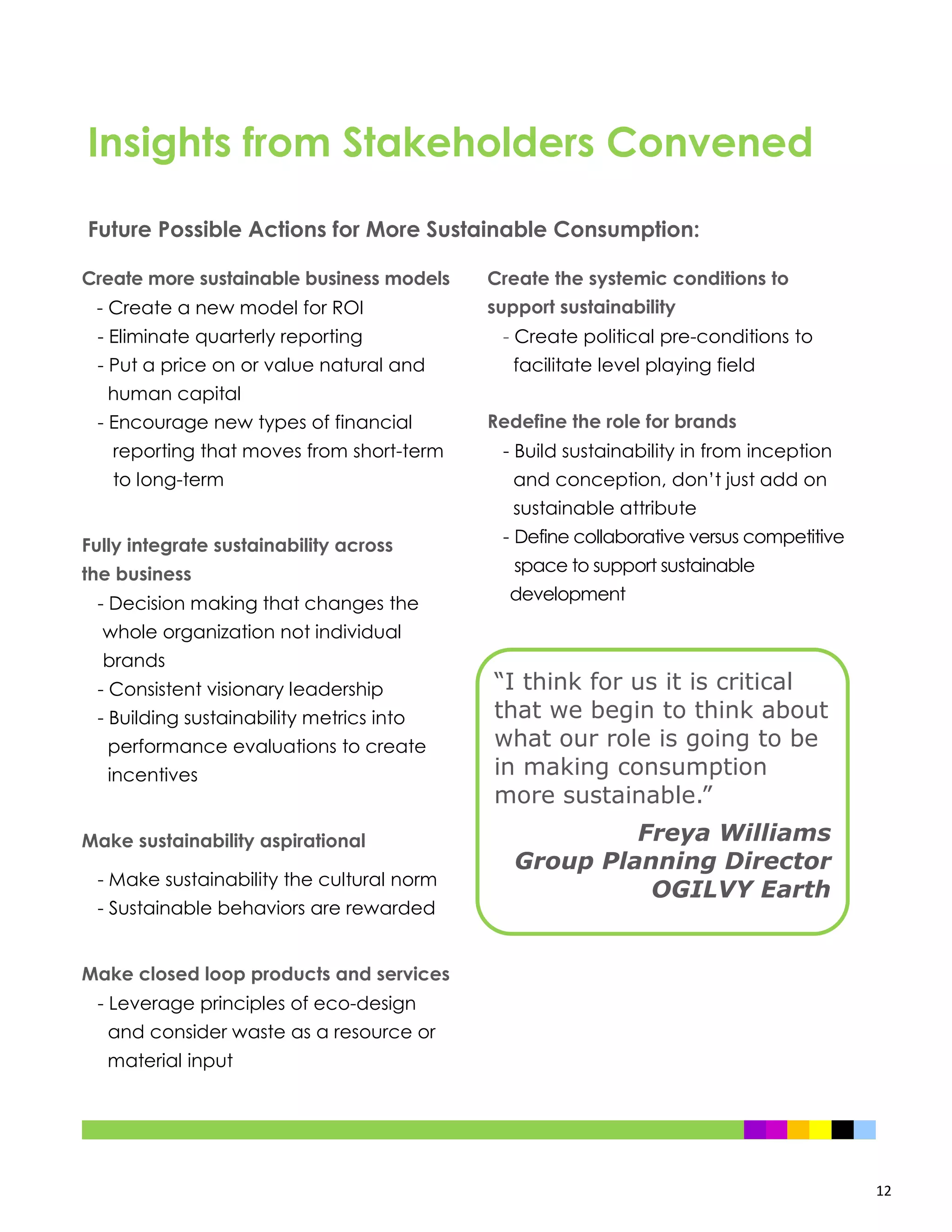 12
Create more sustainable business models
- Create a new model for ROI
- Eliminate quarterly reporting
- Put a price on or value natural and
human capital
- Encourage new types of financial
reporting that moves from short-term
to long-term
Fully integrate sustainability across
the business
- Decision making that changes the
whole organization not individual
brands
- Consistent visionary leadership
- Building sustainability metrics into
performance evaluations to create
incentives
Make sustainability aspirational
- Make sustainability the cultural norm
- Sustainable behaviors are rewarded
Make closed loop products and services
- Leverage principles of eco-design
and consider waste as a resource or
material input
Create the systemic conditions to
support sustainability
- Create political pre-conditions to
facilitate level playing field
Redefine the role for brands
- Build sustainability in from inception
and conception, don’t just add on
sustainable attribute
- Define collaborative versus competitive
space to support sustainable
development
Insights from Stakeholders Convened
Future Possible Actions for More Sustainable Consumption:
“I think for us it is critical
that we begin to think about
what our role is going to be
in making consumption
more sustainable.”
Freya Williams
Group Planning Director
OGILVY Earth
 