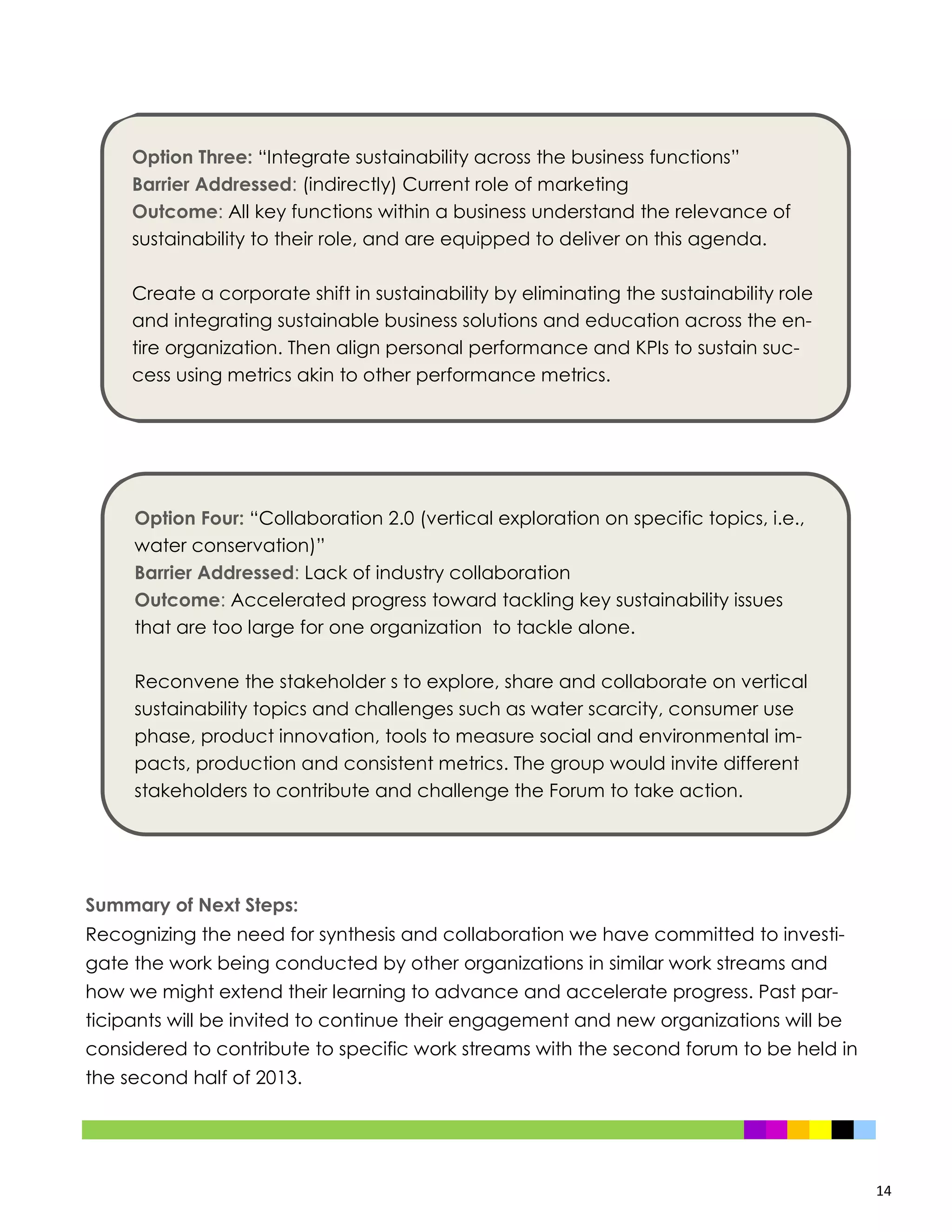 14
Option Three: “Integrate sustainability across the business functions”
Barrier Addressed: (indirectly) Current role of marketing
Outcome: All key functions within a business understand the relevance of
sustainability to their role, and are equipped to deliver on this agenda.
Create a corporate shift in sustainability by eliminating the sustainability role
and integrating sustainable business solutions and education across the en-
tire organization. Then align personal performance and KPIs to sustain suc-
cess using metrics akin to other performance metrics.
Option Four: “Collaboration 2.0 (vertical exploration on specific topics, i.e.,
water conservation)”
Barrier Addressed: Lack of industry collaboration
Outcome: Accelerated progress toward tackling key sustainability issues
that are too large for one organization to tackle alone.
Reconvene the stakeholder s to explore, share and collaborate on vertical
sustainability topics and challenges such as water scarcity, consumer use
phase, product innovation, tools to measure social and environmental im-
pacts, production and consistent metrics. The group would invite different
stakeholders to contribute and challenge the Forum to take action.
Summary of Next Steps:
Recognizing the need for synthesis and collaboration we have committed to investi-
gate the work being conducted by other organizations in similar work streams and
how we might extend their learning to advance and accelerate progress. Past par-
ticipants will be invited to continue their engagement and new organizations will be
considered to contribute to specific work streams with the second forum to be held in
the second half of 2013.
 