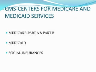 CMS-CENTERS FOR MEDICARE AND
MEDICAID SERVICES

 MEDICARE-PART A & PART B


 MEDICAID


 SOCIAL INSURANCES
 