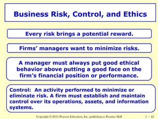 Business Risk, Control, and Ethics 
Every risk brings a potential reward. 
Firms’ managers want to minimize risks. 
A manager must always put good ethical 
behavior above putting a good face on the 
firm’s financial position or performance. 
Control: An activity performed to minimize or 
eliminate risk. A firm must establish and maintain 
control over its operations, assets, and information 
systems. 
Copyright © 2011 Pearson Education, Inc. publishing as Prentice Hall 1 - 42 
 