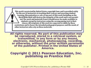 All rights reserved. No part of this publication may 
be reproduced, stored in a retrieval system, or 
transmitted, in any form or by any means, 
electronic, mechanical, photocopying, recording, 
or otherwise, without the prior written permission 
of the publisher. Printed in the United States of 
America. 
Copyright © 2011 Pearson Education, Inc. 
publishing as Prentice Hall 
Copyright © 2011 Pearson Education, Inc. publishing as Prentice Hall 1 - 43 
