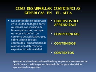 COMO DESARROLLAR COMPETENCIAS GENERICAS EN  EL AULA Los contenidos seleccionado en la unidad no logran por si mismos la consecución de las competencias, sino que es necesario definir  un conjunto de actividades que, sobre la base de esos contenidos,  proporcionen al alumno una determinada experiencia de la realidad. OBJETIVOS DEL APRENDIZAJE COMPETENCIAS CONTENIDOS CONTEXTOS Aprender en situaciones de incertidumbre y en procesos permanentes de  cambio es una condición para el desarrollo de competencias básicas  y para aprender a aprender. 