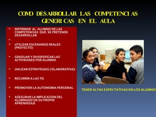 COMO DESARROLLAR LAS COMPETENCIAS GENERICAS EN EL AULA INFORMAR  AL  ALUMNO DE LAS COMPETENCIAS  QUE  SE PRETENDE DESARROLLAR UTILIZAR ESCENARIOS REALES (PROYECTO) GRADUAR Y DIVERSIFICAR LAS ACTIVIDADES POR ALUMNO UtILIZAR ESTRATEGIAS COLABORATIVAS RECURRIR A LAS TIC PROMOVER LA AUTONOMIA PERSONAL ASEGURAR LA IMPLICACION DEL ALUMNADO EN SU PROPIO APRENDIZAJE TENER ALTAS EXPECTATIVAS EN LOS ALUMNOS 