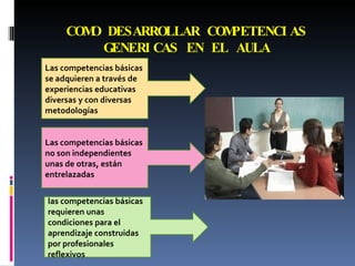 COMO DESARROLLAR COMPETENCIAS GENERICAS EN EL AULA Las competencias básicas se adquieren a través de experiencias educativas diversas y con diversas metodologías Las competencias básicas no son independientes unas de otras, están entrelazadas las competencias básicas requieren unas condiciones para el aprendizaje construidas por profesionales reflexivos 
