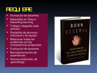 REQUIERE Formación de docentes Materiales en  línea o bleanding learning Trabajo colegiado cada semana Portafolio de alumnos: individual y de equipo Relacionar todas las evidencias con las competencias propuestas Evaluación de docentes Retroalimentación de experiencias Nuevos ambientes  de aprendizaje 
