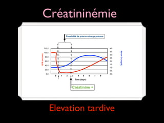 Créatininémie
Possibilité de prise en charge précoce

4,0
3,5

100,0

3,0
80,0

2,5

60,0

2,0
1,5

40,0

1,0
20,0
0,0

0,5

0

1

2

3

4

5

6

7

8

0,0

Time (days)

Créatinine +

Elevation tardive

Serum Cr (mg/dL)

GFR (mL/min)

120,0

 