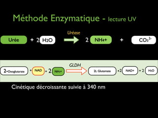 Méthode Enzymatique - lecture UV
Uréase

Urée

2-Oxoglutarate

+ 2 H2O

+ NAD +

2

2

NH4+

CO3 2-

+

GLDH
NH4+

2L Glutamate

Cinétique décroissante suivie à 340 nm

+2

NAD+

+2

H2O

 