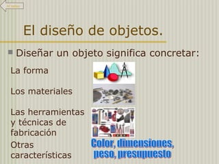 El diseño de objetos.
 Diseñar un objeto significa concretar:
La forma
Los materiales
Las herramientas
y técnicas de
fabricación
Otras
características
Al índice
 