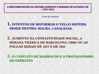 A DESCOMPOSICIÓN DO SISTEMA DURANTE O REINADO DE ALFONSO XIIIA DESCOMPOSICIÓN DO SISTEMA DURANTE O REINADO DE ALFONSO XIII
( 1902-1923)( 1902-1923)
1. INTENTOS DE REFORMAR O VELLO SISTEMA 
DESDE DENTRO: MAURA, CANALEJAS.
2. AUMENTO DA CONFLITIVIDADE SOCIAL, A 
SEMANA TRÁXICA DE BARCELONA (1909) OU AS 
FOLGAS XERAIS DE 1917 E DE 1921
3. O CONFLITO DE MARROCOS E O PROTAGONISMO 
DO EXÉRCITO
Crise do sistema
 