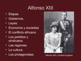 Alfonso XIII
•
•
•
•
•
•

Etapas.
Gobiernos.
Leyes.
Economía y sociedad.
El conflicto africano.
Los partidos y
sindicatos.
• Las regiones.
• La cultura.
• Los protagonistas.

Alfonso XIII y Victoria Eugenia

 
