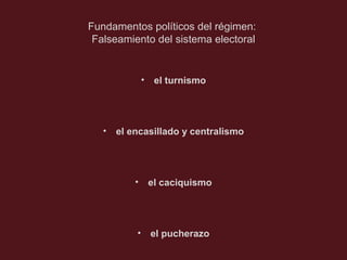 Fundamentos políticos del régimen:
Falseamiento del sistema electoral

• el turnismo

•

el encasillado y centralismo

•

el caciquismo

• el pucherazo

 
