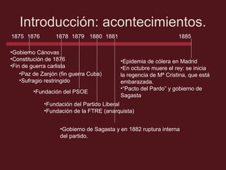 Introducción: acontecimientos.
1875 1876

1878 1879 1880 1881

•Gobierno Cánovas
•Constitución de 1876
•Fin de guerra carlista
•Paz de Zanjón (fin guerra Cuba)
•Sufragio restringido
•Fundación del PSOE

1885

•Epidemia de cólera en Madrid
•En octubre muere el rey: se inicia
la regencia de Mª Cristina, que está
embarazada.
•“Pacto del Pardo” y gobierno de
Sagasta

•Fundación del Partido Liberal
•Fundación de la FTRE (anarquista)
•Gobierno de Sagasta y en 1882 ruptura interna
del partido.

 