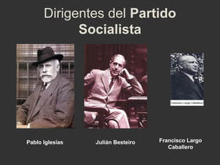 Dirigentes del Partido
Socialista

Pablo Iglesias

Julián Besteiro

Francisco Largo
Caballero

 