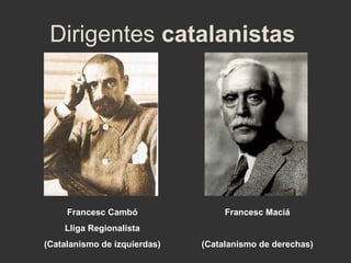 Dirigentes catalanistas

Francesc Cambó

Francesc Maciá

Lliga Regionalista
(Catalanismo de izquierdas)

(Catalanismo de derechas)

 