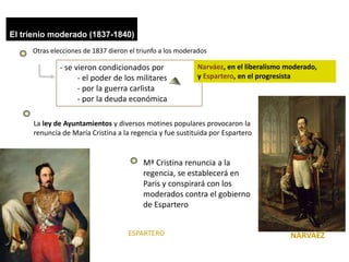 El trienio moderado (1837-1840)
Otras elecciones de 1837 dieron el triunfo a los moderados
- se vieron condicionados por
- el poder de los militares
- por la guerra carlista
- por la deuda económica
Narváez, en el liberalismo moderado,
y Espartero, en el progresista
NARVÁEZESPARTERO
La ley de Ayuntamientos y diversos motines populares provocaron la
renuncia de María Cristina a la regencia y fue sustituida por Espartero
Mª Cristina renuncia a la
regencia, se establecerá en
Paris y conspirará con los
moderados contra el gobierno
de Espartero
 