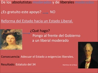 De los absolutistas moderados y de liberales moderados
¿Es gratuito este apoyo? NO
Reforma del Estado hacia un Estado Liberal.
¿Qué hago?
Pongo al frente del Gobierno
a un liberal moderado
Consecuencia: Adecuar el Estado a exigencias liberales.
Resultado: Estatuto del 34 Martínez de la Rosa
 