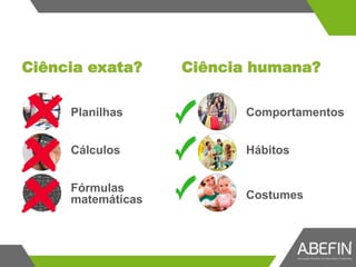Ciência exata? Ciência humana?
Planilhas
Cálculos
Fórmulas
matemáticas
Comportamentos
Hábitos
Costumes
 