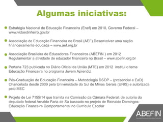 Estratégia Nacional de Educação Financeira (Enef) em 2010, Governo Federal –
www.vidaedinheiro.gov.br
Associação de Educação Financeira no Brasil (AEF) Desenvolver uma nação
financeiramente educada – www.aef.org.br
Associação Brasileira de Educadores Financeiros (ABEFIN ) em 2012
Regulamentar a atividade de educador financeiro no Brasil – www.abefin.org.br
Portaria 723 publicada no Diário Oficial da União (MTE) em 2012 institui o tema
Educação Financeira no programa Jovem Aprendiz
Pós-Graduação de Educação Financeira – Metodologia DSOP – (presencial e EaD)
Chancelada desde 2009 pela Universidade do Sul de Minas Gerais (UNIS) e autorizada
pelo MEC
Projeto de Lei 7155/14 que tramita na Comissão da Câmara Federal, de autoria do
deputado federal Arnaldo Faria de Sá baseado no projeto de Reinaldo Domingos:
Educação Financeira Comportamental no Currículo Escolar
Algumas iniciativas:
 