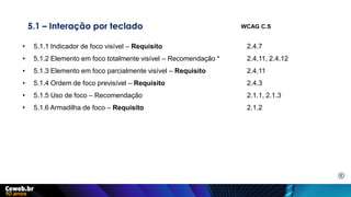 5.1 – Interação por teclado
• 5.1.1 Indicador de foco visível – Requisito 2.4.7
• 5.1.2 Elemento em foco totalmente visível – Recomendação * 2.4.11, 2.4.12
• 5.1.3 Elemento em foco parcialmente visível – Requisito 2.4.11
• 5.1.4 Ordem de foco previsível – Requisito 2.4.3
• 5.1.5 Uso de foco – Recomendação 2.1.1, 2.1.3
• 5.1.6 Armadilha de foco – Requisito 2.1.2
WCAG C.S
E
 