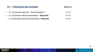 5.1 – Interação por teclado
• 5.1.7 Conteúdo adicional – Recomendação ** 1.4.13
• 5.1.8 Conteúdo adicional persistente – Requisito 1.4.13
• 5.1.9 Conteúdo adicional dispensável – Requisito 1.4.13
WCAG C.S
E
 