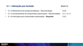 5.1 – Interação por teclado
• 5.1.14 Mecanismos de entrada simultâneos – Recomendação 2.5.6
• 5.1.15 Comportamento de componentes customizados – Recomendação 2.1.1, 2.1.3
• 5.1.16 Instruções para componentes customizados – Requisito 3.3.2
WCAG C.S
 