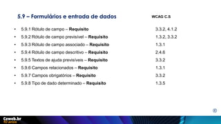5.9 – Formulários e entrada de dados
• 5.9.1 Rótulo de campo – Requisito 3.3.2, 4.1.2
• 5.9.2 Rótulo de campo previsível – Requisito 1.3.2, 3.3.2
• 5.9.3 Rótulo de campo associado – Requisito 1.3.1
• 5.9.4 Rótulo de campo descritivo – Requisito 2.4.6
• 5.9.5 Textos de ajuda previsíveis – Requisito 3.3.2
• 5.9.6 Campos relacionados – Requisito 1.3.1
• 5.9.7 Campos obrigatórios – Requisito 3.3.2
• 5.9.8 Tipo de dado determinado – Requisito 1.3.5
WCAG C.S
E
 