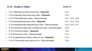 5.14 – Áudio e vídeo
• 5.14.1 Alternativa em texto para áudio – Requisito 1.2.1
• 5.14.2 Legendas descritivas para vídeo – Requisito 1.2.2
• 5.14.3 Transcrição para vídeo – Recomendação 1.2.1, 1.2.3, 1.2.8
• 5.14.4 Audiodescrição para vídeo – Requisito 1.2.1, 1.2.3, 1.2.3
• 5.14.5 Audiodescrição estendida para vídeo – Recomendação 1.2.3, 1.2.5, 1.2.7
• 5.14.6 Janela de Libras para conteúdo em áudio – Recomendação 1.2.6
• 5.14.7 Controle de áudio – Requisito 1.4.2
• 5.14.8 Áudio sem ruído – Recomendação 1.4.7
• 5.14.9 Legendas para áudio e vídeo ao vivo – Requisito 1.2.4
• 5.14.10 Transcrição para áudio ao vivo – Recomendação 1.2.9
WCAG C.S
 