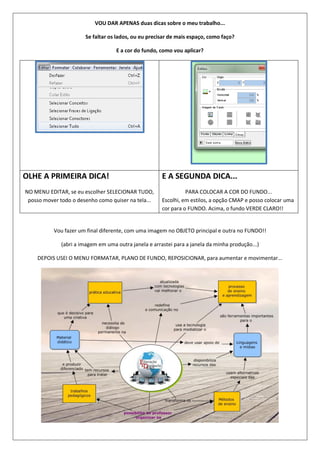 VOU DAR APENAS duas dicas sobre o meu trabalho...
Se faltar os lados, ou eu precisar de mais espaço, como faço?
E a cor do fundo, como vou aplicar?
OLHE A PRIMEIRA DICA!
NO MENU EDITAR, se eu escolher SELECIONAR TUDO,
posso mover todo o desenho como quiser na tela...
E A SEGUNDA DICA...
PARA COLOCAR A COR DO FUNDO...
Escolhi, em estilos, a opção CMAP e posso colocar uma
cor para o FUNDO. Acima, o fundo VERDE CLARO!!
Vou fazer um final diferente, com uma imagem no OBJETO principal e outra no FUNDO!!
(abri a imagem em uma outra janela e arrastei para a janela da minha produção...)
DEPOIS USEI O MENU FORMATAR, PLANO DE FUNDO, REPOSICIONAR, para aumentar e movimentar...
 