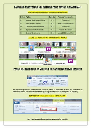 Descrevendo o planejamento das possíveis ações iniciais:
Ordem Ações Duração Recurso Tecnológico
01 Mostrar Slide capa ou inicial 10 s Powerpoint
02 Falar sobre o assunto 30 s Vídeo01 Câmera Win8
03 Definindo Intertextualidade 30 s Powerpoint
04 Tipos de intertextualidade 30 s Recorte de video01
05 Explicando o recorte 20 s Vídeo02 Câmera Win8
ABAIXO, UM PROVÁVEL UM ROTEIRO VISUAL INICIAL!!
Na sequencia planejada, vamos colocar todos os vídeos já produzidos e testá-los, para fazer ou
refazer de acordo com o resultado obtido! ( use algumas horas do seu tempinho de folga!!!!)
COMO EDITAR um vídeo inserido no MOVIE MAKER ?
Esta é a tela de edição de qualquer vídeo que for inserido.
 