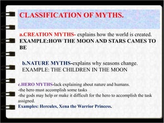 CLASSIFICATION OF MYTHS.
a.CREATION MYTHS- explains how the world is created.
EXAMPLE:HOW THE MOON AND STARS CAMES TO
BE
b.NATURE MYTHS-explains why seasons change.
EXAMPLE: THE CHILDREN IN THE MOON
c.HERO MYTHS-lack explaining about nature and humans.
-the hero must accomplish some tasks
-the gods may help or make it difficult for the hero to accomplish the task
assigned.
Examples: Hercules, Xena the Warrior Princess.
 