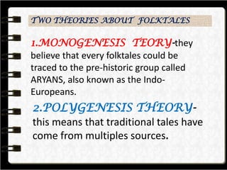 TWO THEORIES ABOUT FOLKTALES
1.MONOGENESIS TEORY-they
believe that every folktales could be
traced to the pre-historic group called
ARYANS, also known as the Indo-
Europeans.
2.POLYGENESIS THEORY-
this means that traditional tales have
come from multiples sources.
 