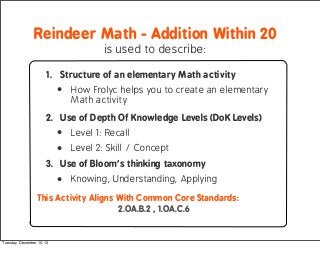 Reindeer Math - Addition Within 20
is used to describe:
1. Structure of an elementary Math activity

• How Frolyc helps yo...